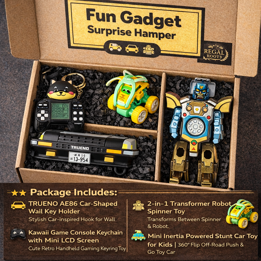 Fun Gadget Surprise Hamper | 4-in-1 Gift Box with TRUENO Car Key Holder, Transformer Robot Spinner, Kawaii Game Keychain & Stunt Toy Car | Unique Gift for Kids & Teens