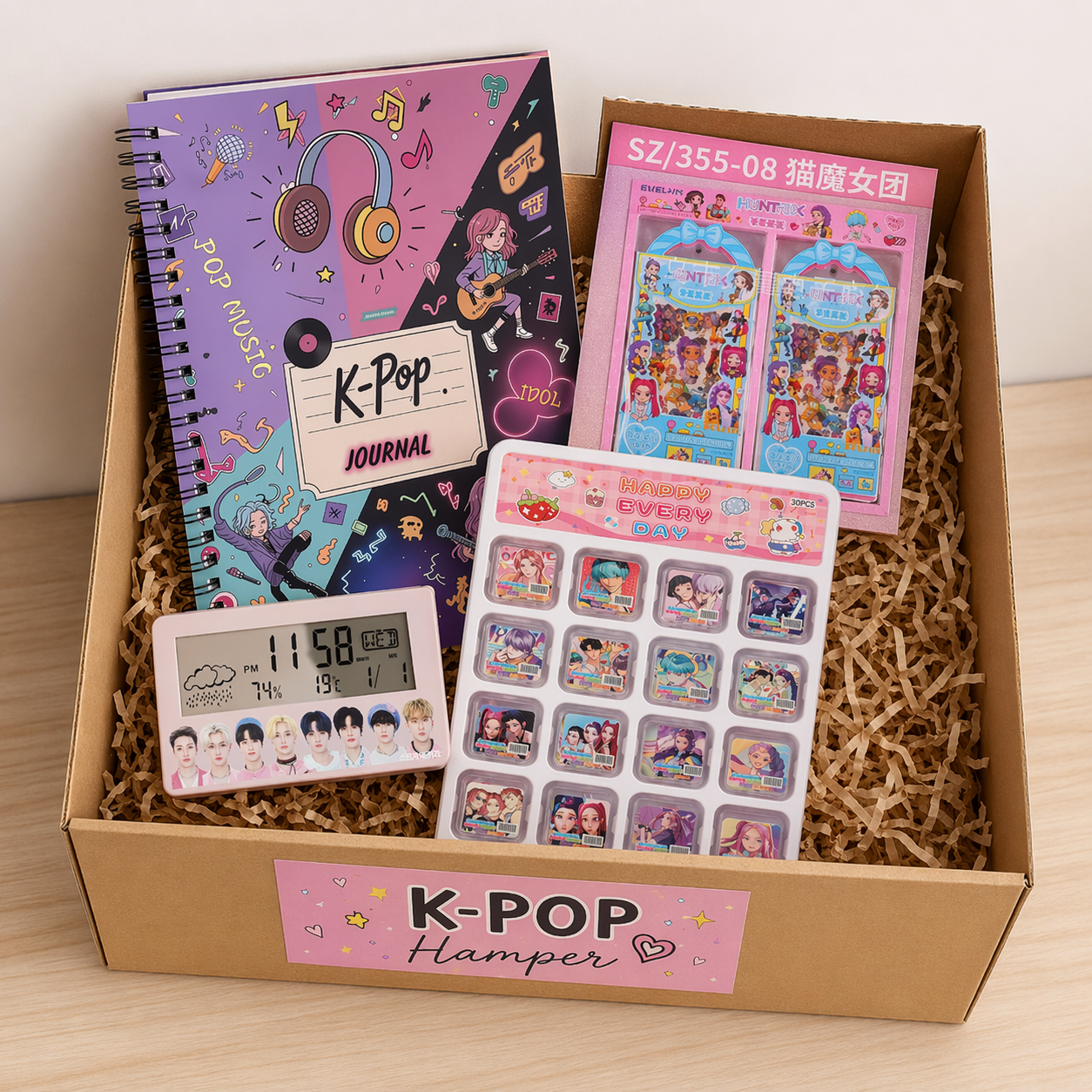 Kawaii K-Pop Aesthetic Premium Gift Hamper – “Happy Every Day” Sticker Set, Digital LED Clock, Cute Stationery Kit & Pastel Cardboard Gift Box