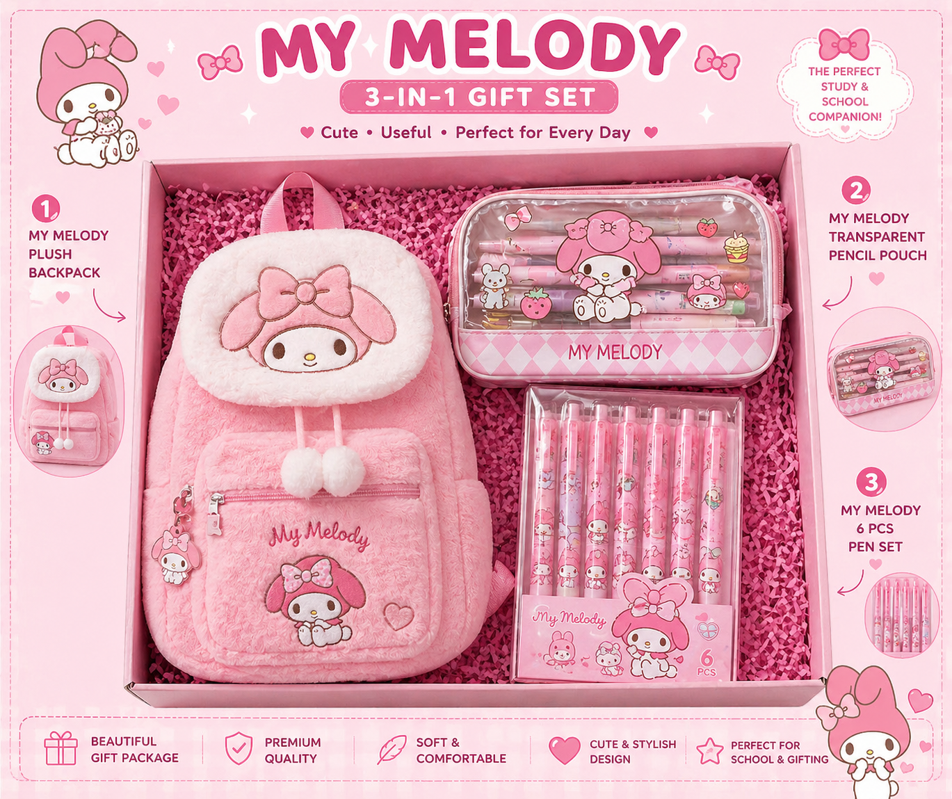 My Melody 3-in-1 Study Essentials Gift Hamper (Plush Backpack, Pencil Pouch &amp; 6-Piece Pen Set)