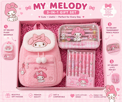 My Melody 3-in-1 Study Essentials Gift Hamper (Plush Backpack, Pencil Pouch &amp; 6-Piece Pen Set)