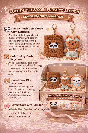 Cute Plush Coin Purse & Keychain Gift Hamper – Panda Coin Purse, Teddy Plush Keychain & Kawaii Bear Keychain