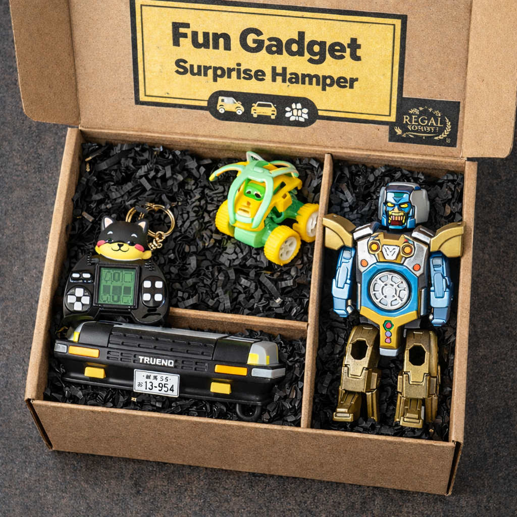 Fun Gadget Surprise Hamper | 4-in-1 Gift Box with TRUENO Car Key Holder, Transformer Robot Spinner, Kawaii Game Keychain & Stunt Toy Car | Unique Gift for Kids & Teens