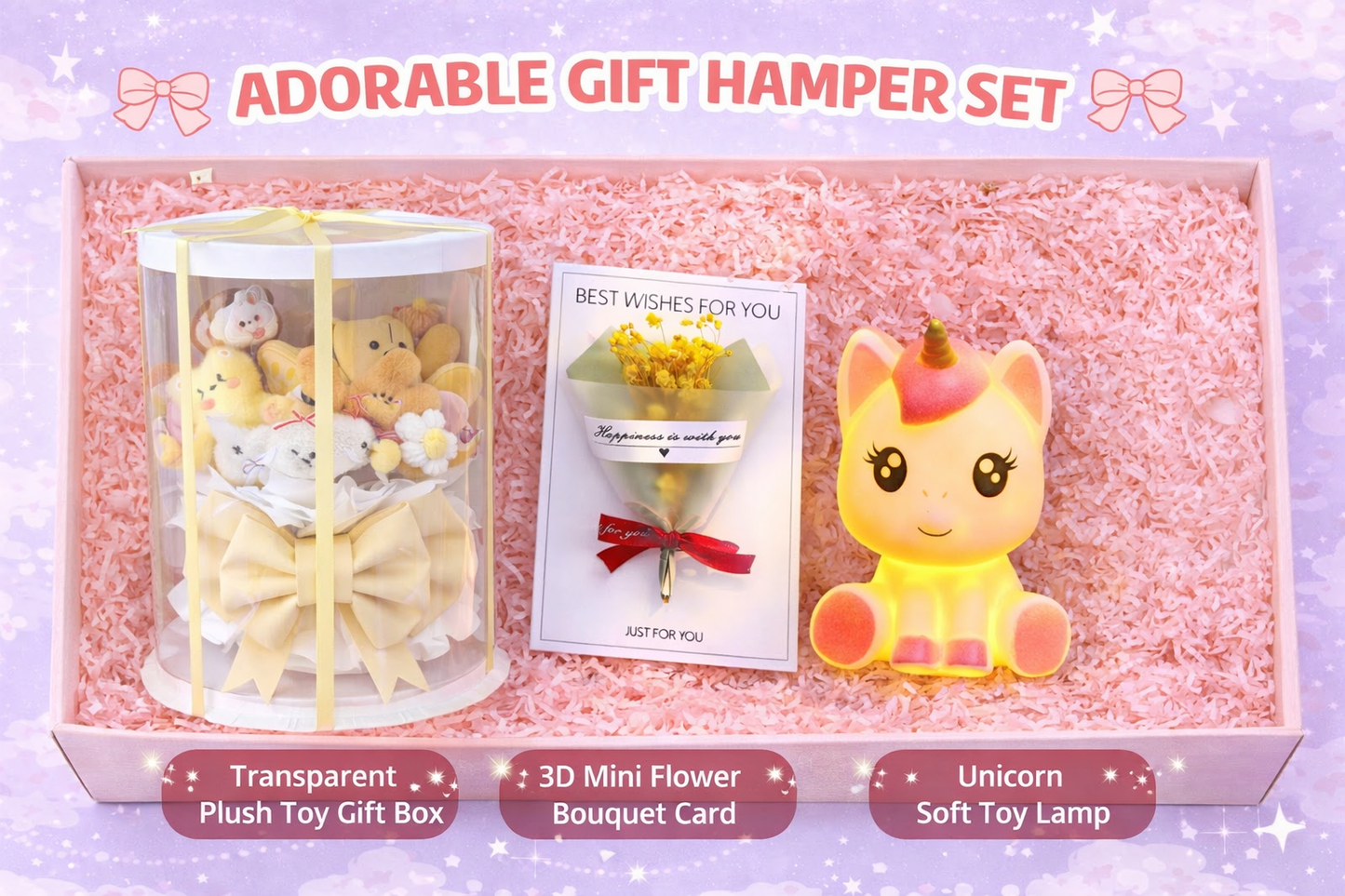 Cute Luxury Gift Hamper – Plush Toy Box, Unicorn Night Lamp & 3D Flower Greeting Card | Unique Aesthetic Gift Combo