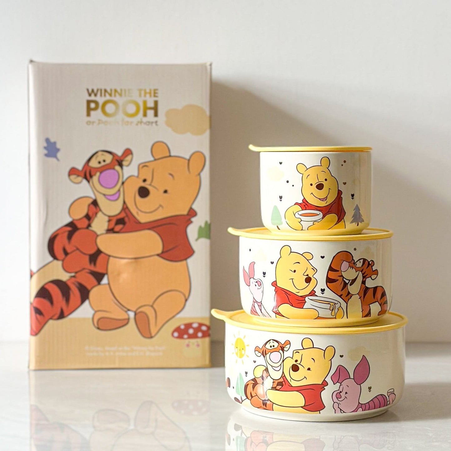 Winnie the Pooh 3-Piece Food Storage Container Set with Lids | Cartoon Lunch Box | Microwave Safe Snack & Kitchen Storage Bowls