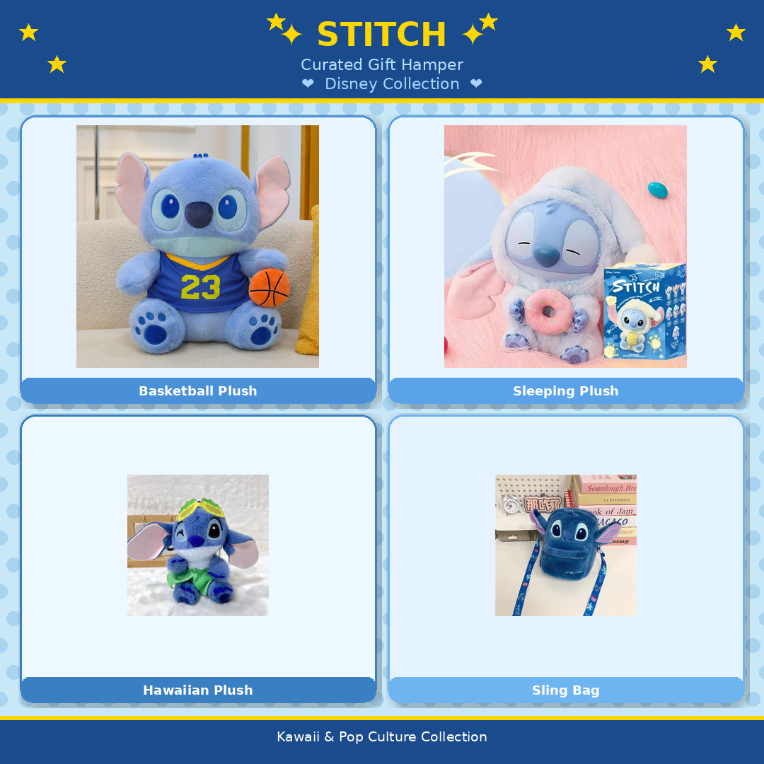 Disney Stitch Kawaii Gift Hamper – Stitch Plush Gift Box with  Hula Plush, Blind Box, Basketball Plush & Mini Bag