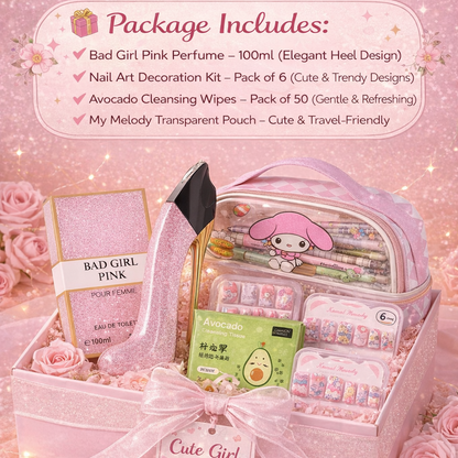 Cute Girl Glow Kit Hamper – Perfume, Nail Art Set, Nail Paints & Skincare Gift Combo with My Melody Pouch