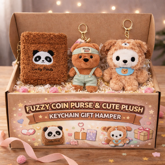Cute Plush Coin Purse & Keychain Gift Hamper – Panda Coin Purse, Teddy Plush Keychain & Kawaii Bear Keychain