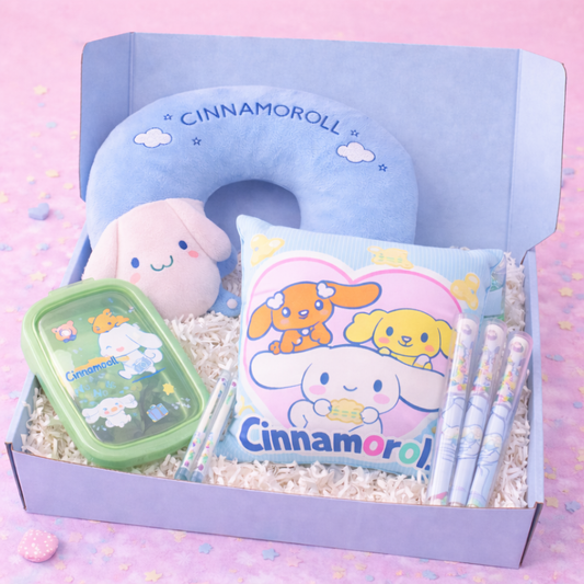 Cinnamoroll Kawaii Sanrio Gift Hamper – Cute Gift Box with Neck Pillow, Cushion, Lunch Box, Water Bottle & Gel Pens