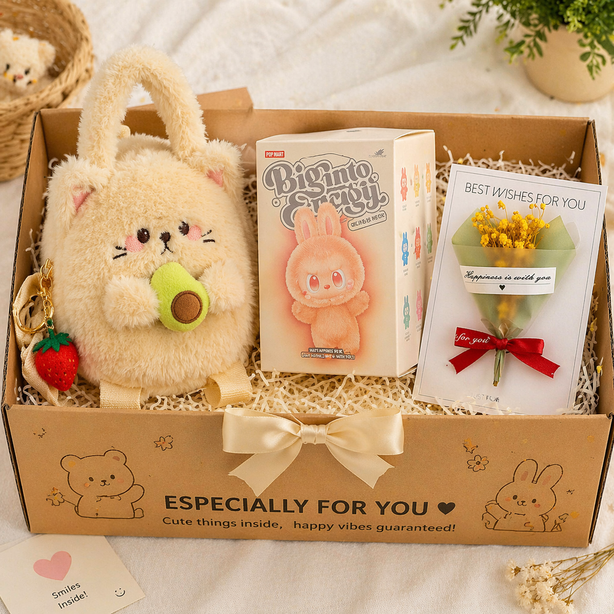 Cute Aesthetic Gift Hamper – Plush Backpack, Surprise Blind Box & Flower Greeting Card Set