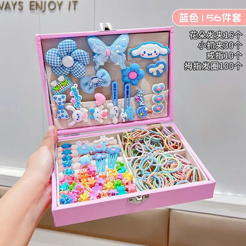 High-end children's hair accessories set, gift box for girl's birthday, hair ring, hairpin, rubber band, headdress, little princess cute jewelry box (Pack of 1 Box set)