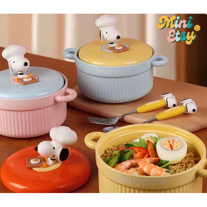 Snoopy Cartoon Ceramic Soup Bowl with Lid & Handles | Cute Kawaii Breakfast Bowl | Microwave Safe Noodle & Ramen Bowl | Aesthetic Kitchenware Gift