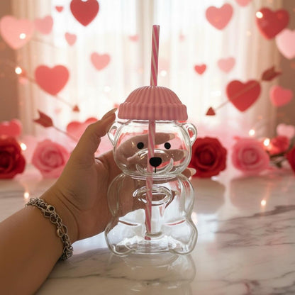 Cute Bear Glass Cup with Pink Lid and Straw | Kawaii Animal Shaped Drinking Glass