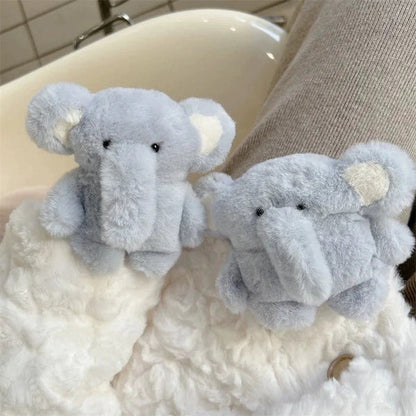 Cute Elephant Plush AirPods Case | Kawaii Furry Elephant AirPods Cover with Keychain | Soft Cartoon Protective Earbuds Case