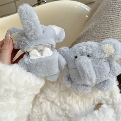 Cute Elephant Plush AirPods Case | Kawaii Furry Elephant AirPods Cover with Keychain | Soft Cartoon Protective Earbuds Case