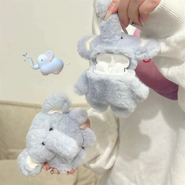 Cute Elephant Plush AirPods Case | Kawaii Furry Elephant AirPods Cover with Keychain | Soft Cartoon Protective Earbuds Case
