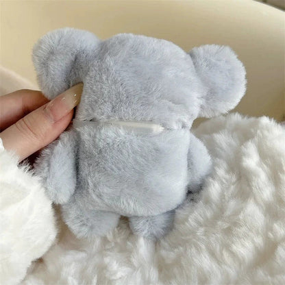 Cute Elephant Plush AirPods Case | Kawaii Furry Elephant AirPods Cover with Keychain | Soft Cartoon Protective Earbuds Case