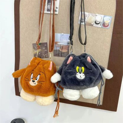 Tom & Jerry Plush Sling Bag for Girls | Cute Cartoon Fur Crossbody Mini Bag with Long Strap