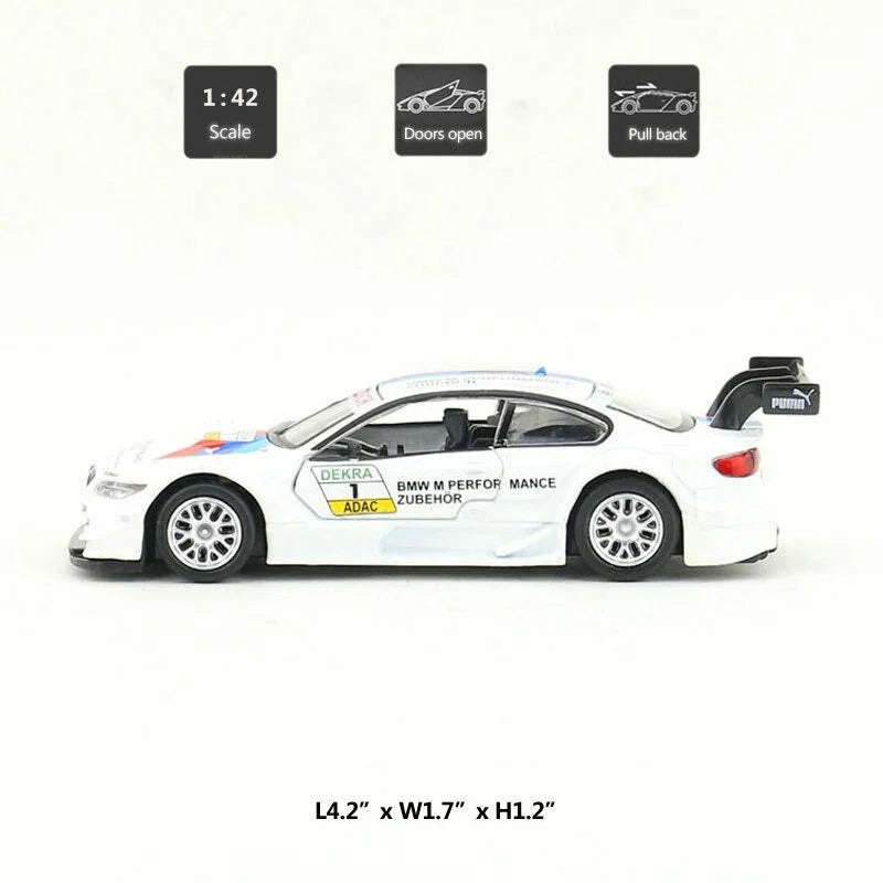 BMW M3 DTM Official Licensed 1:42 Die Cast Racing Car Model | Pull Back Metal Toy Car with Opening Doors | BMW Motorsport Collectible for Kids & Adults