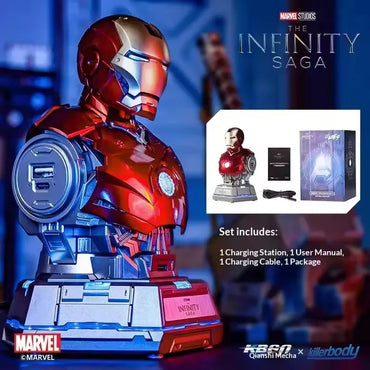 Iron Man Arc Reactor Charging Station Bust – Marvel-Inspired Mecha Desktop Fast Charging Dock | USB-C PD65W Mobile Phone Charger | Collectible Desk Display