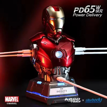 Iron Man Arc Reactor Charging Station Bust – Marvel-Inspired Mecha Desktop Fast Charging Dock | USB-C PD65W Mobile Phone Charger | Collectible Desk Display