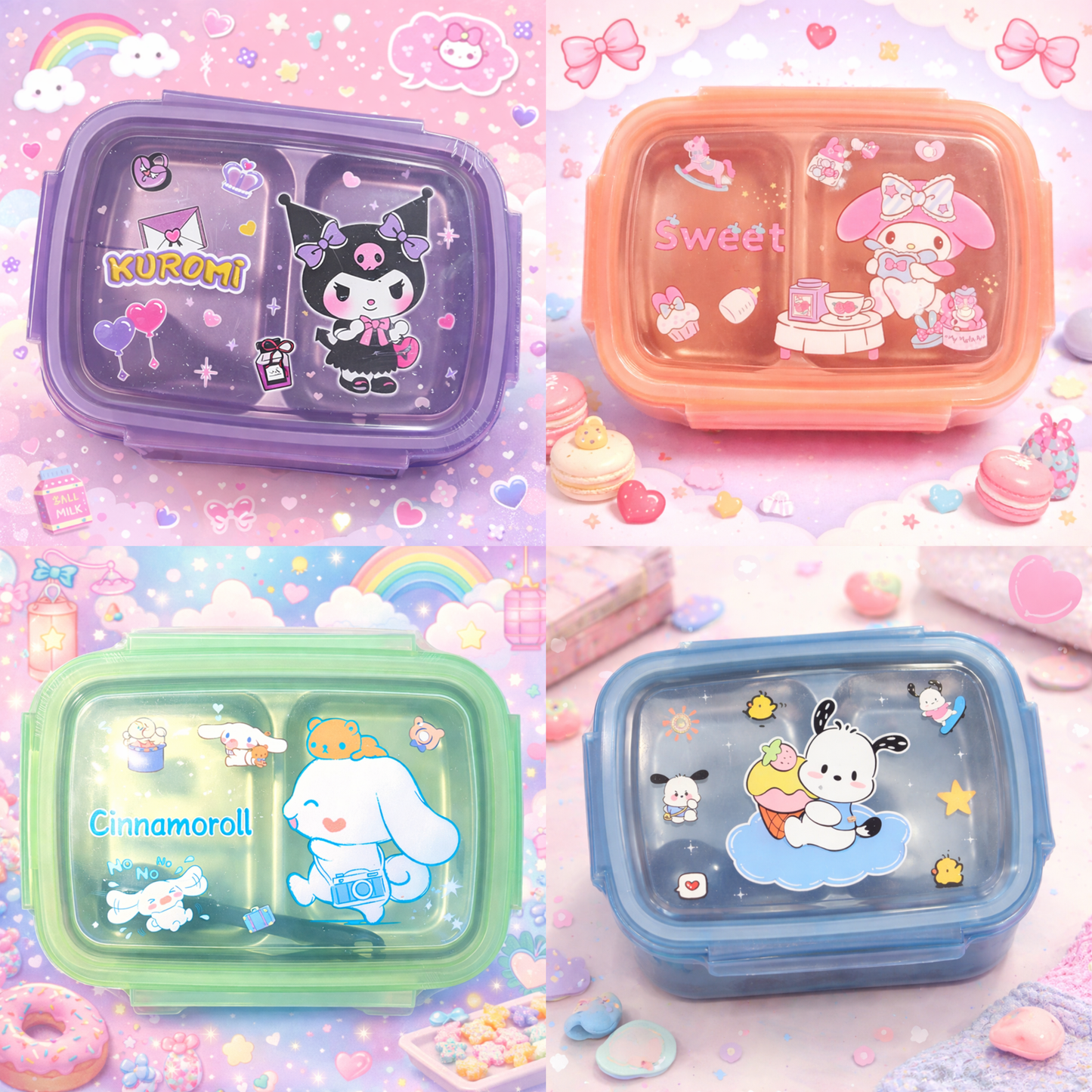 Kawaii Cartoon Lunch Box | Cute Kuromi, My Melody, Cinnamoroll & Pochacco Lunch Box | Leakproof Multi-Compartment Bento Box for Kids & Adults