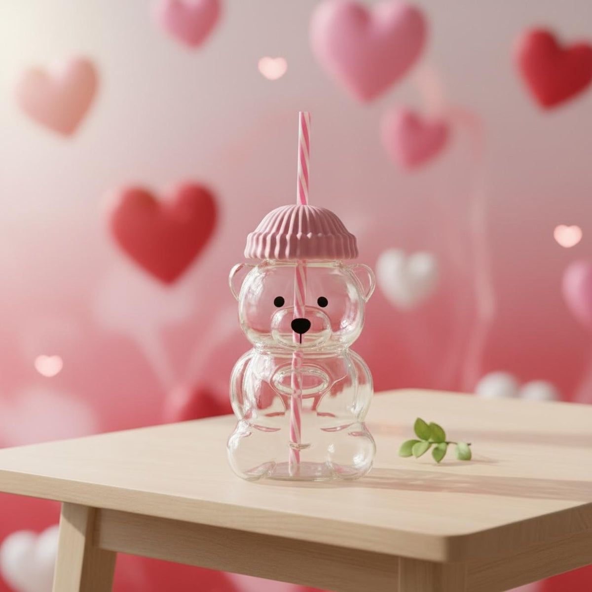 Cute Bear Glass Cup with Pink Lid and Straw | Kawaii Animal Shaped Drinking Glass