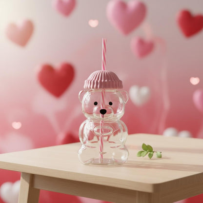 Cute Bear Glass Cup with Pink Lid and Straw | Kawaii Animal Shaped Drinking Glass