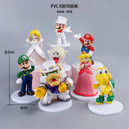 Super Mario Wedding Theme Figurine Set (8 PCS) with White Display Tray | Mario, Luigi, Princess Peach, Bowser & Friends PVC Mini Action Figures | Cute Cake Topper & Collectible Toy Set