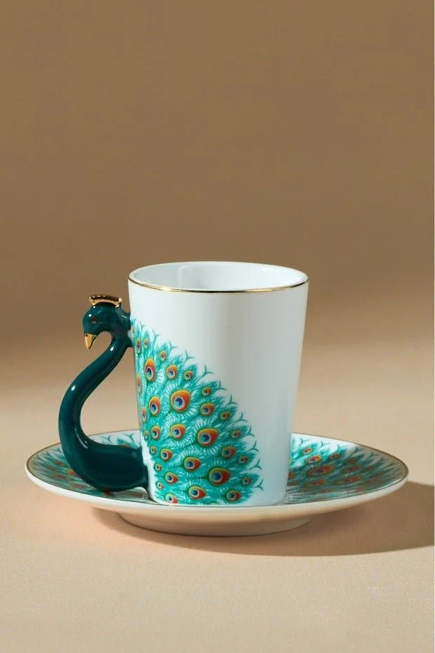 Luxury Peacock Design Coffee Cup & Saucer Set (one set)  – Ceramic Tea Cup with 3D Swan Handle, Premium Decorative Mug Set for Home & Gifting
