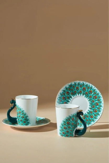 Luxury Peacock Design Coffee Cup & Saucer Set (one set)  – Ceramic Tea Cup with 3D Swan Handle, Premium Decorative Mug Set for Home & Gifting
