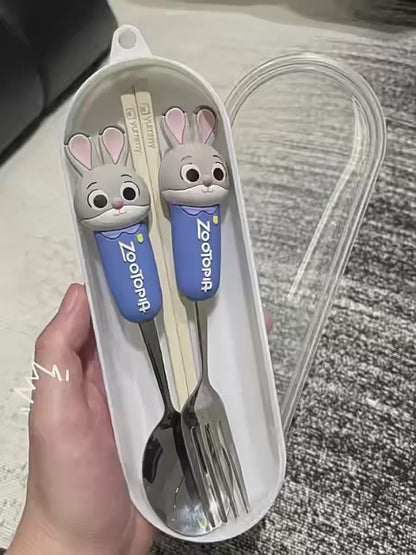 Zootopia Cartoon Character Cutlery Set with Case – Nick Wilde, Judy Hopps, Flash Sloth, Clawhauser & Bellwether Portable Spoon Fork Chopsticks Lunch Set