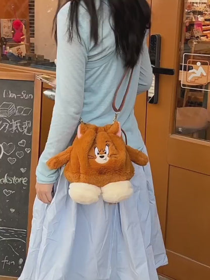 Tom & Jerry Plush Sling Bag for Girls | Cute Cartoon Fur Crossbody Mini Bag with Long Strap