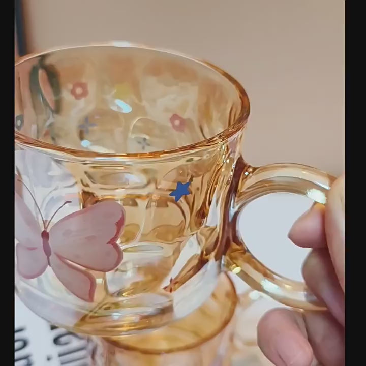 Kawaii Butterfly Glass Mug – Aesthetic Transparent Coffee Cup for Tea, Milk & Juice
