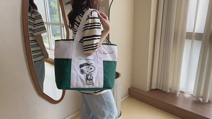 Snoopy Green Canvas Tote Bag – Large Capacity Peanuts Shopping Bag | Cute Cartoon Shoulder Bag for Girls & Women