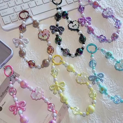 Kawaii Beaded Phone Strap Charm with Hanging Card – Cute Heart & Bow Beads Wrist Lanyard for Mobile, Keychain, AirPods