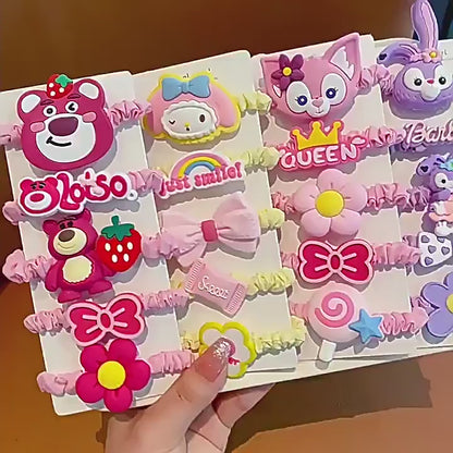 Cute Kawaii Cartoon Hair Accessories Set for Girls – Soft Elastic Hair Ties, Bow & Flower Ponytail Bands
