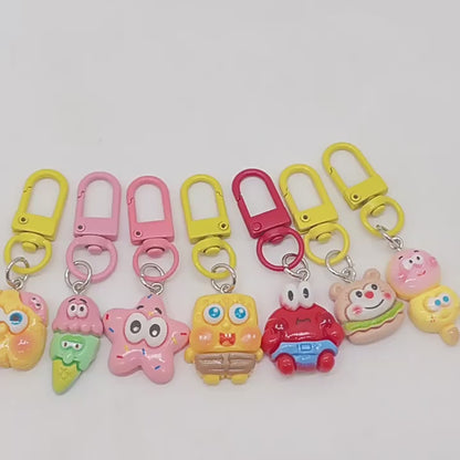Kawaii SpongeBob & Patrick Keychain Set (3PCS) – Cute Cartoon Bag Charms with Jingle Bells for Kids & Girls