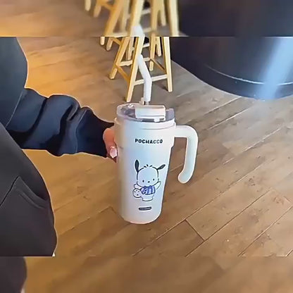 Sanrio Kawaii Straw Tumbler with Handle – Kuromi, My Melody, Cinnamoroll & Pochacco | 900ML Cute Water Bottle for School, Office & Travel
