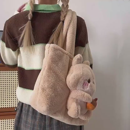 Kawaii Plush Bear Tote Bag for Girls | Soft Cute Teddy Shoulder Handbag for Daily Use