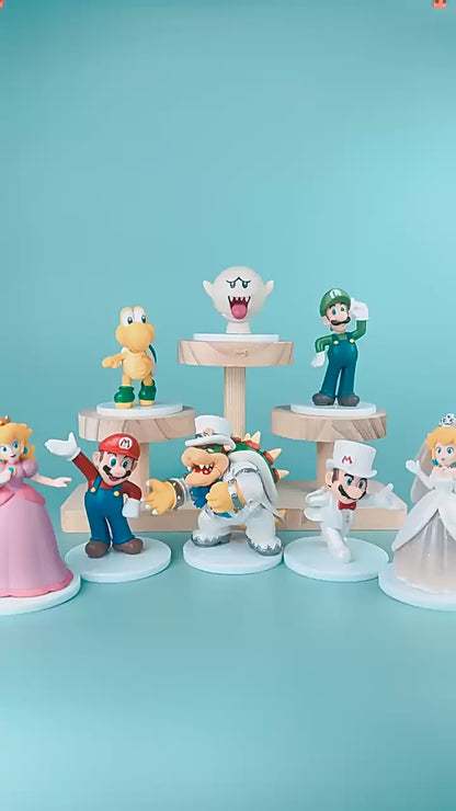 Super Mario Wedding Theme Figurine Set (8 PCS) with White Display Tray | Mario, Luigi, Princess Peach, Bowser & Friends PVC Mini Action Figures | Cute Cake Topper & Collectible Toy Set