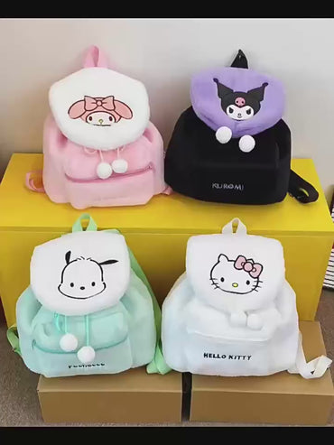 Sanrio Plush Mini Backpack – Hello Kitty, Kuromi, My Melody & Pochacco Kawaii Soft Fur School Bag for Girls