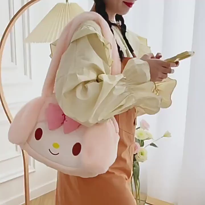 Kawaii Sanrio Plush Shoulder Bag – My Melody, Kuromi & Cinnamoroll Soft Furry Handbag