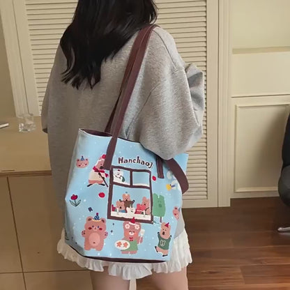 Hello Kitty Kawaii Canvas Tote Bag for Women – Cute Shoulder Handbag with Coffee Theme Print | Large Capacity Everyday Shopper Bag