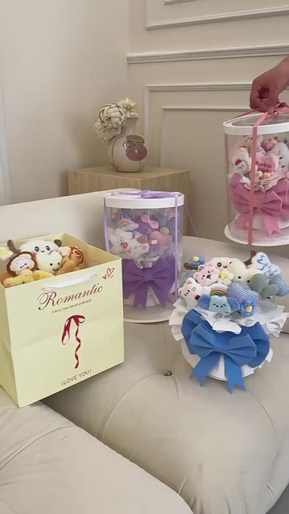 Kawaii Plush Bouquet Gift Box – Cute Stuffed Toy Flower Arrangement in Transparent Round Box | Aesthetic Soft Toy Hamper for Birthday, Anniversary, Valentine & Baby Shower