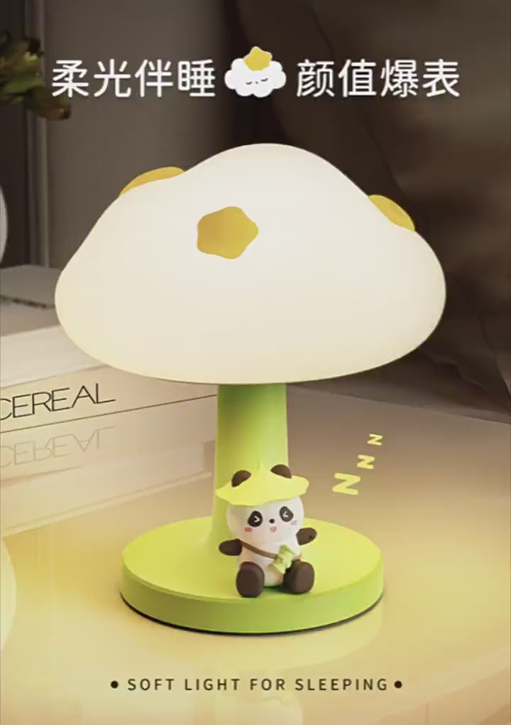 Kawaii Mushroom Table Lamp with Cute Panda Figurine – LED Night Light for Bedroom & Study