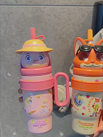 Zootopia Cute Character Sipper Water Bottle 800ml – Judy Hopps & Nick Wilde Kids Straw Bottle with Handle | BPA-Free Cartoon Water Bottle