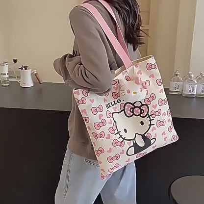 Hello Kitty Kawaii Tote Bag with Plush Charm – Cute Canvas Shoulder Bag for Girls, College, Travel & Daily Use