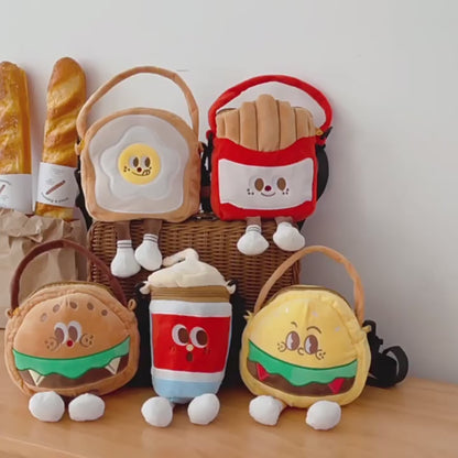 Kawaii Food Plush Sling Bag for Kids & Girls – Cute Hamburger, Fries, Toast & Drink Soft Mini Shoulder Bag