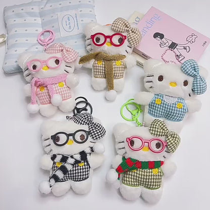 Cute Hello Kitty Plush Keychain with Glasses & Scarf – Kawaii Soft Toy Bag Charm, Cartoon Kitty Keyring for Girls, Kids & Gifts