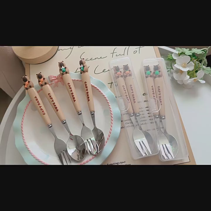 Cute Capybara Stainless Steel Fork & Spoon Set with Case – Kids Lunch Cutlery
